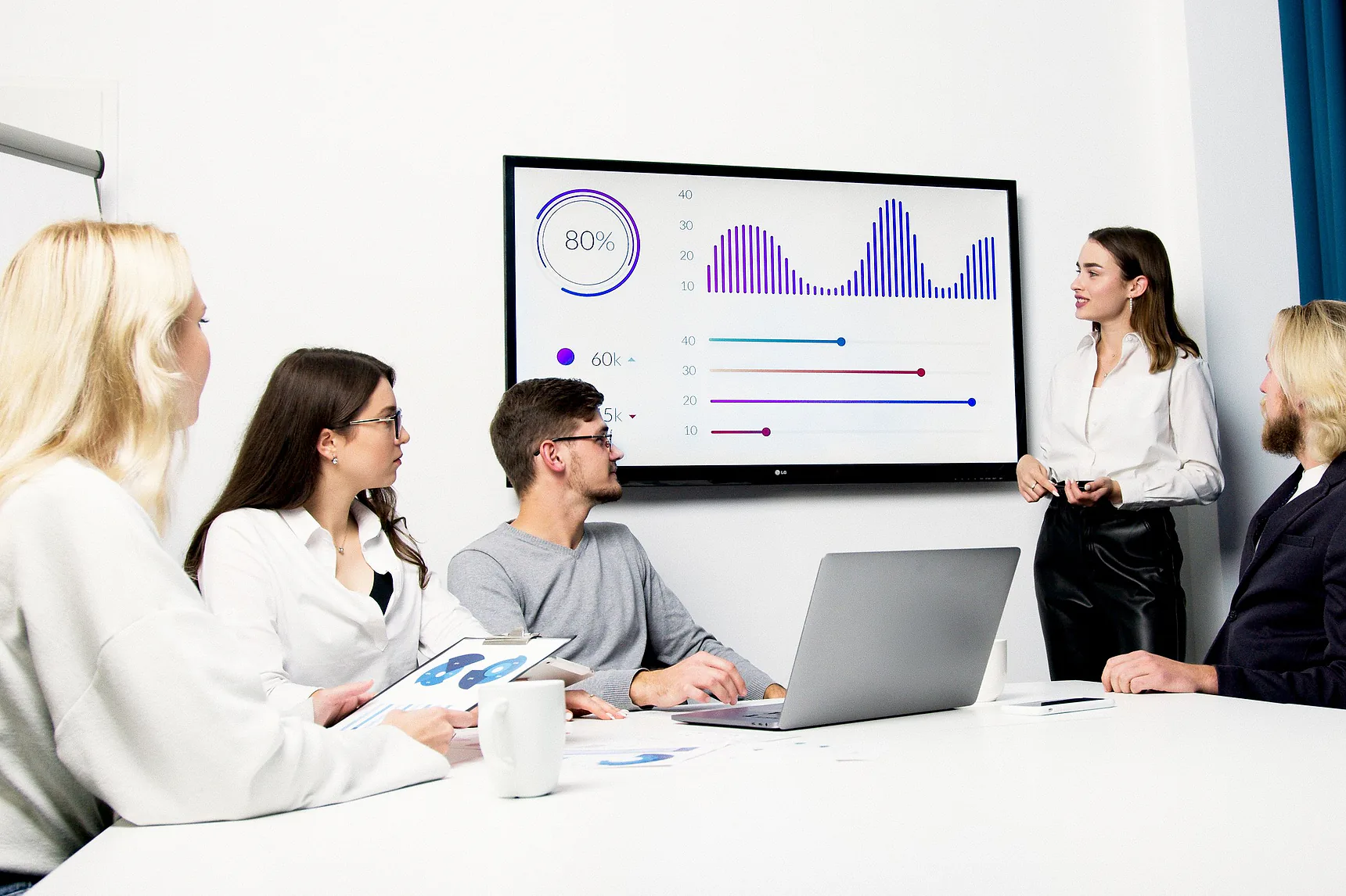 Team in an office reviewing a dashboard on a large wall screen