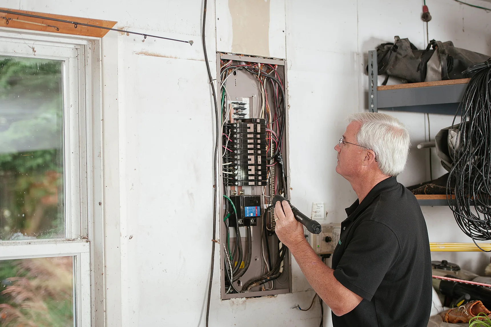 Electrician working on an open switchboard in a home garage
